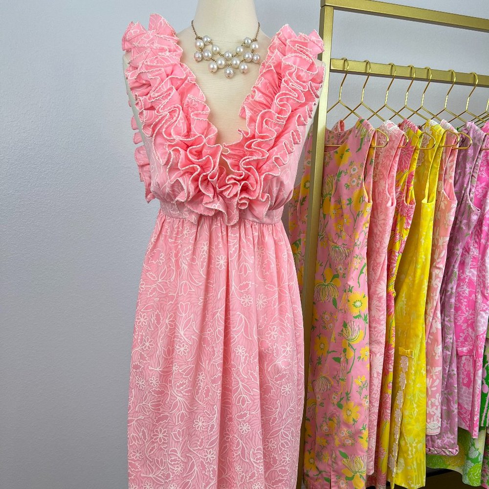 Beautiful 1960s Lilly Pulitzer " The Lilly " Pink Ruffled MIDI Dress Size S